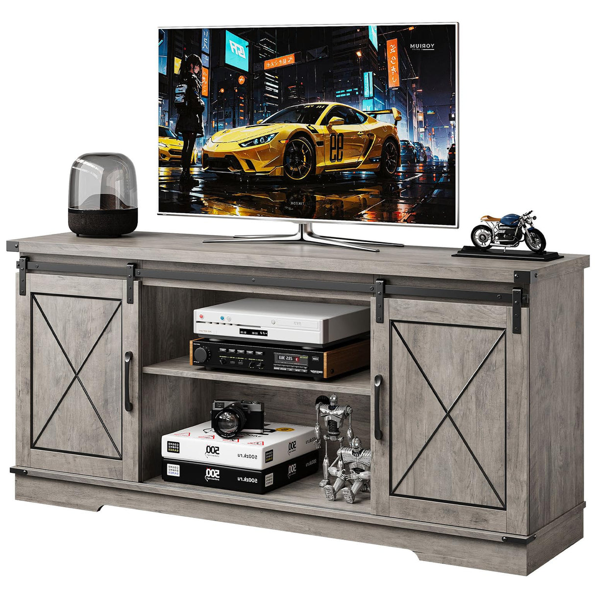 CABIHOME Farmhouse TV Stand and Entertainment Center for TV Up to 65 Inches with Sliding Barn Doors and Adjustable Shelf, TV Media Storage Console Table and Furniture for Living Room, Bedroom, Grey CABIHOME