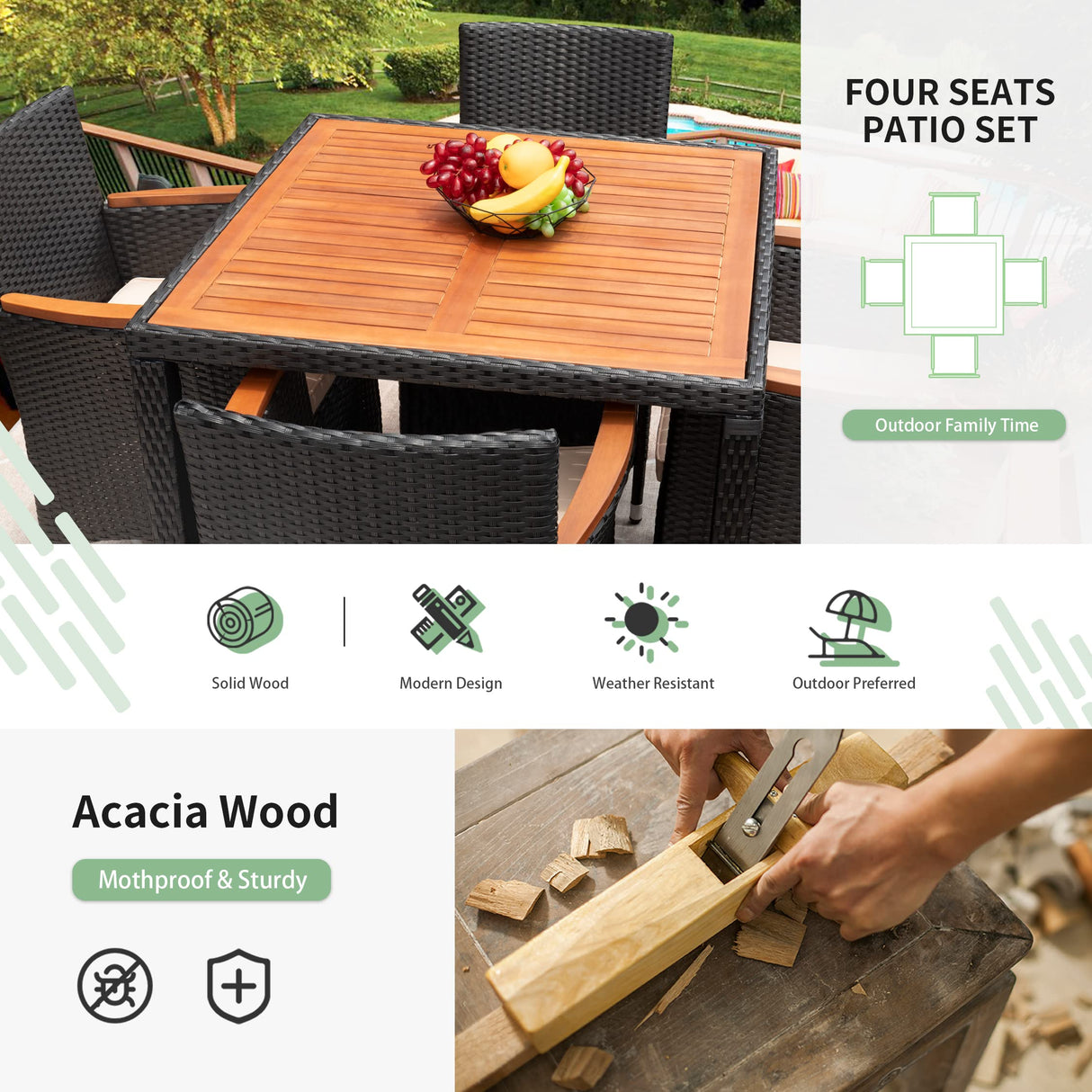 Flamaker 5 Piece Patio Dining Set Outdoor Acacia Wood Table and Chairs with Soft Cushions Wicker Patio Furniture for Deck, Backyard, Garden Flamaker