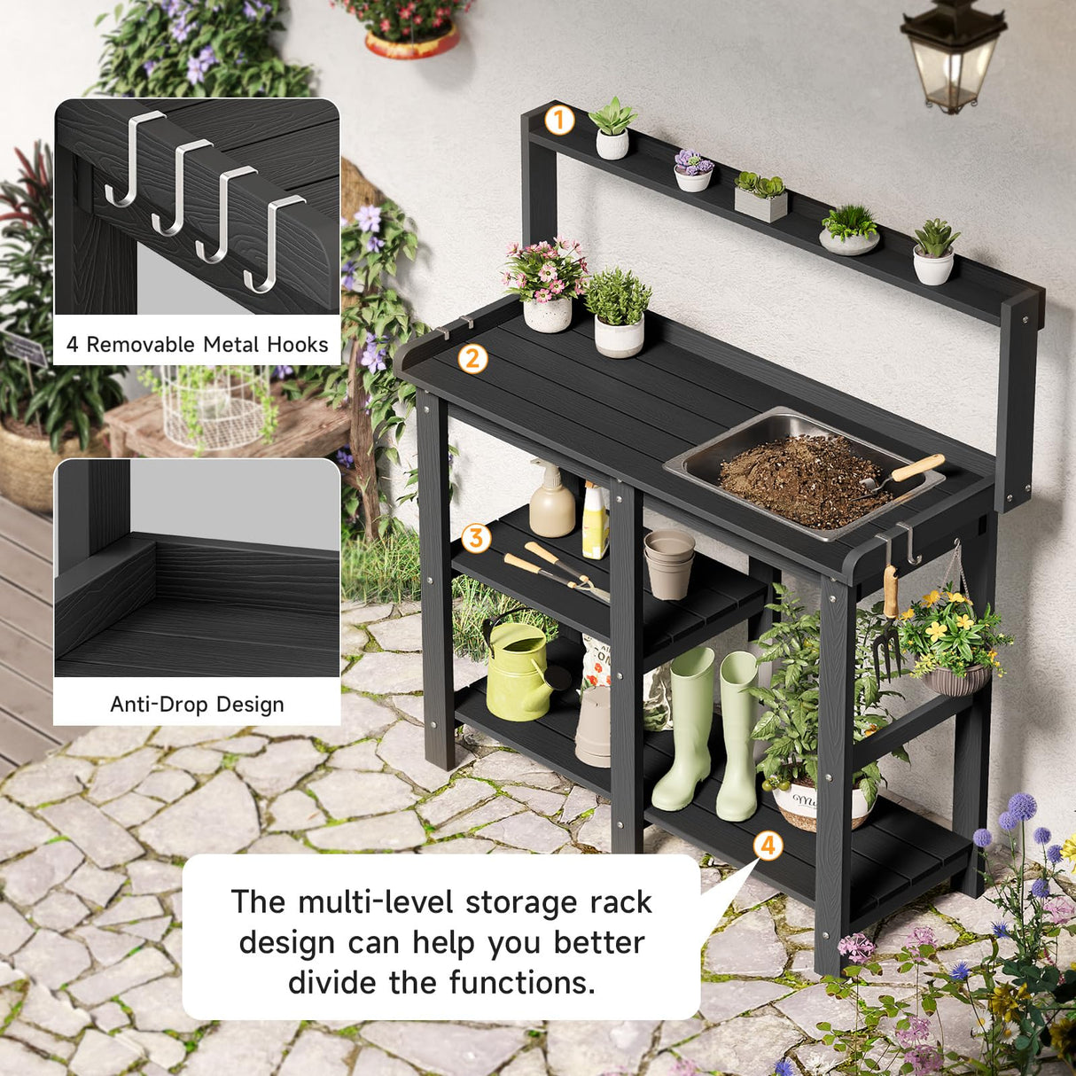 ONBRILL Potting Bench, Outdoor Potting Bench Table with Removable Sink, HDPS Potting Benches for Outside, Garden Table with Storage Shelves & 4 Side Hooks, No Rot, No Fade, No Break, 360lbs Capacity ONBRILL