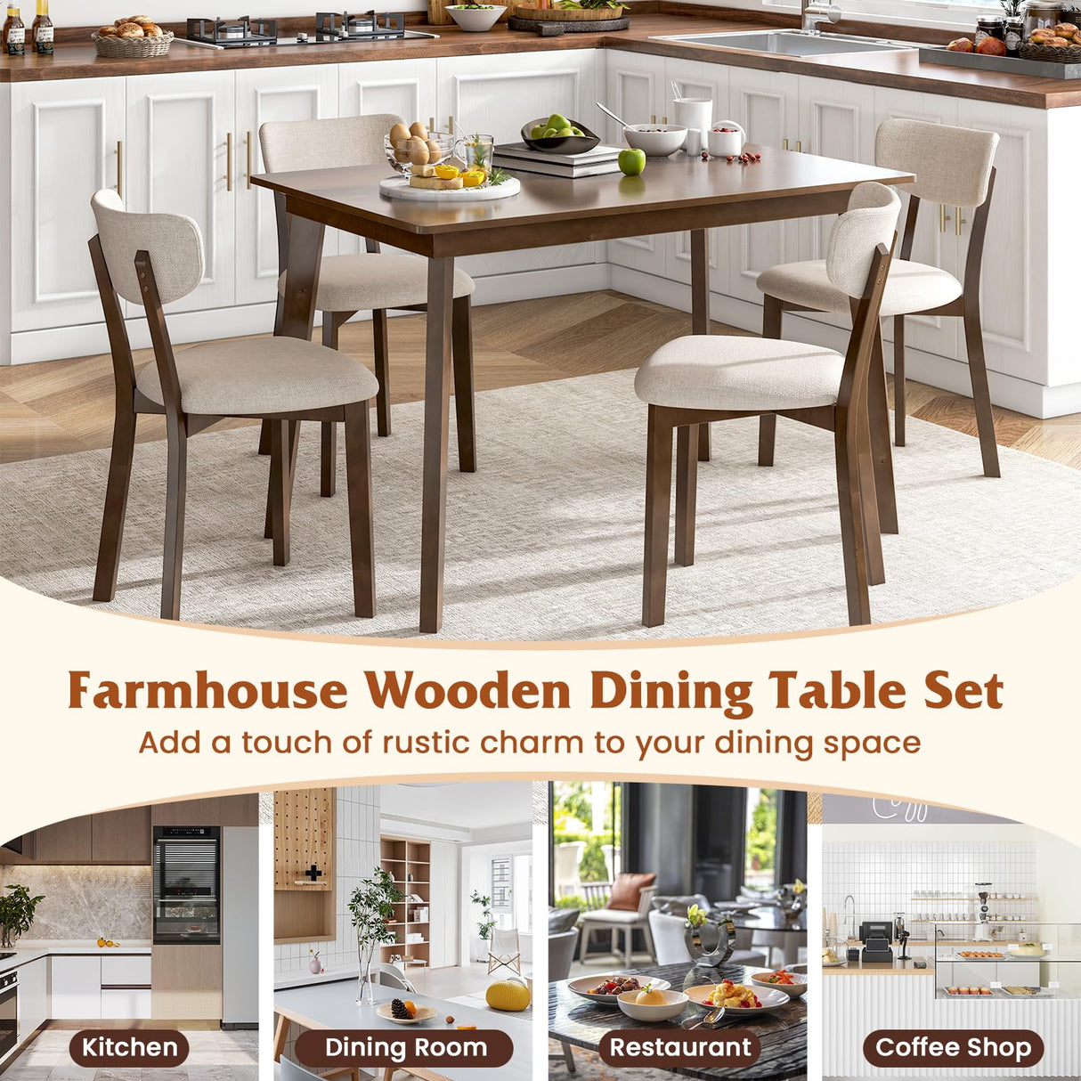 GOFLAME 5-Piece Dining Table Set for 4, Farmhouse Kitchen Table & 4 Upholstered Chairs with Rubber Wood Frame, Padded Seat, Curved Backrest, Space-Saving Dinette Set for Dining Room, Small Space GOFLAME