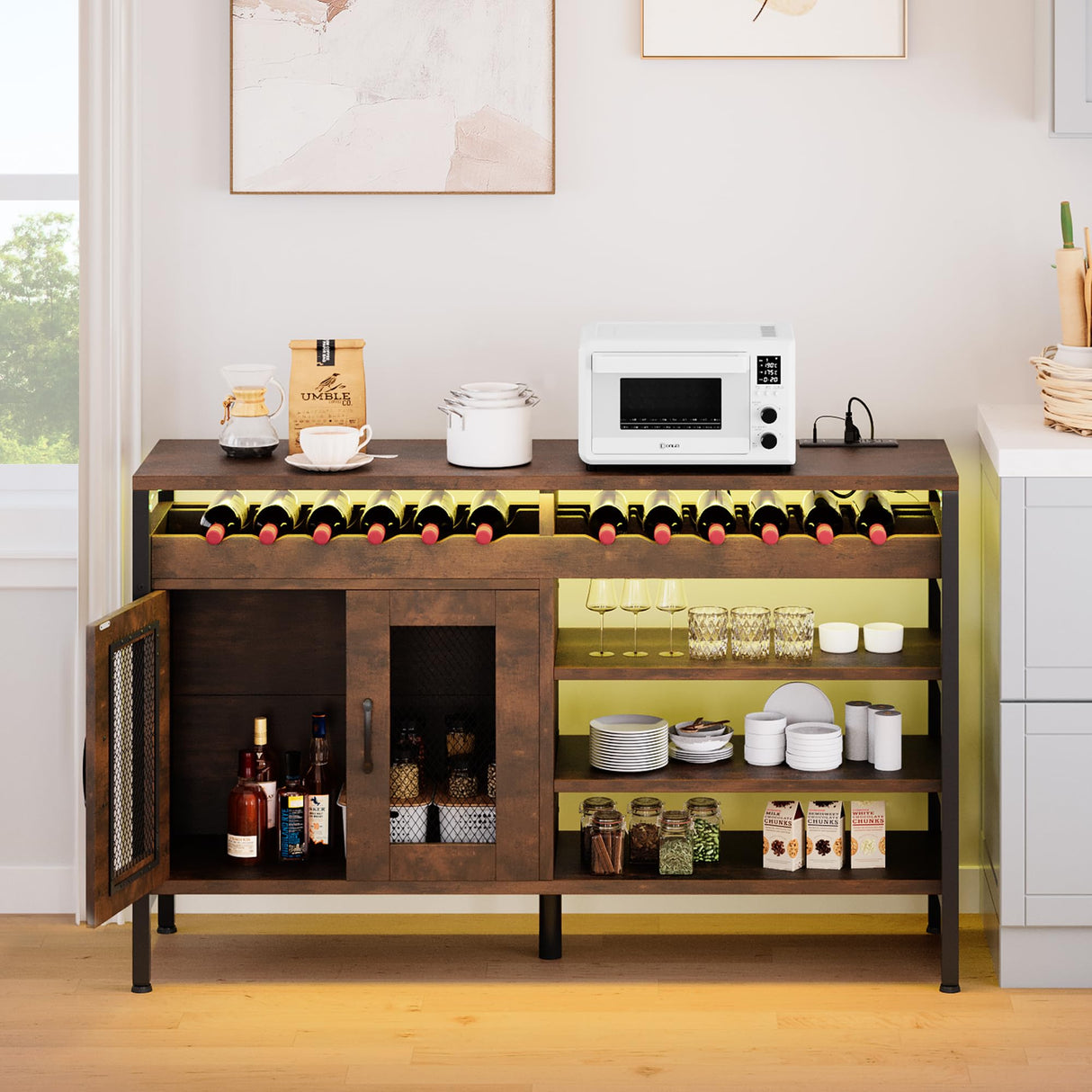 YITAHOME 55" Industrial Bar Cabinet with LED Lighting and Power Outlets for Home Dining and Living Rooms YITAHOME