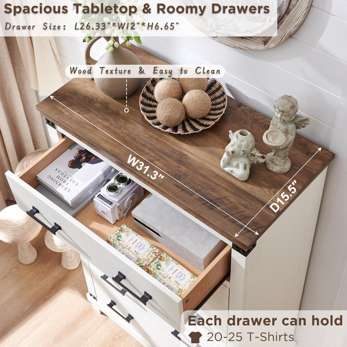 RedLemon Farmhouse 5 Drawers Dresser for Bedroom, Wood Tall Chest of Drawers with Thick Plank Styling, Rustic Closet Dresser for Bedroom, Living Room, Antique White RedLemon