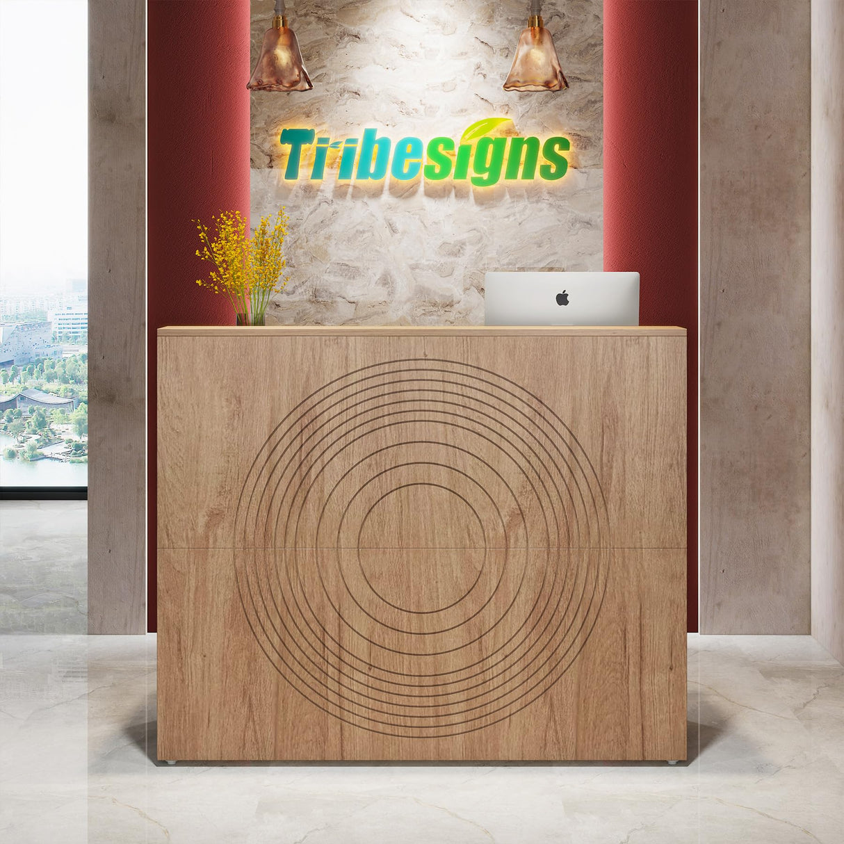 Tribesigns Reception Desk with Counter, Modern Front Desk Reception Room Table with Cable Grommet, 47 inch Retail Counter for Checkout, Lobby, Beauty Salon, Home Office Desk, Oak Tribesigns