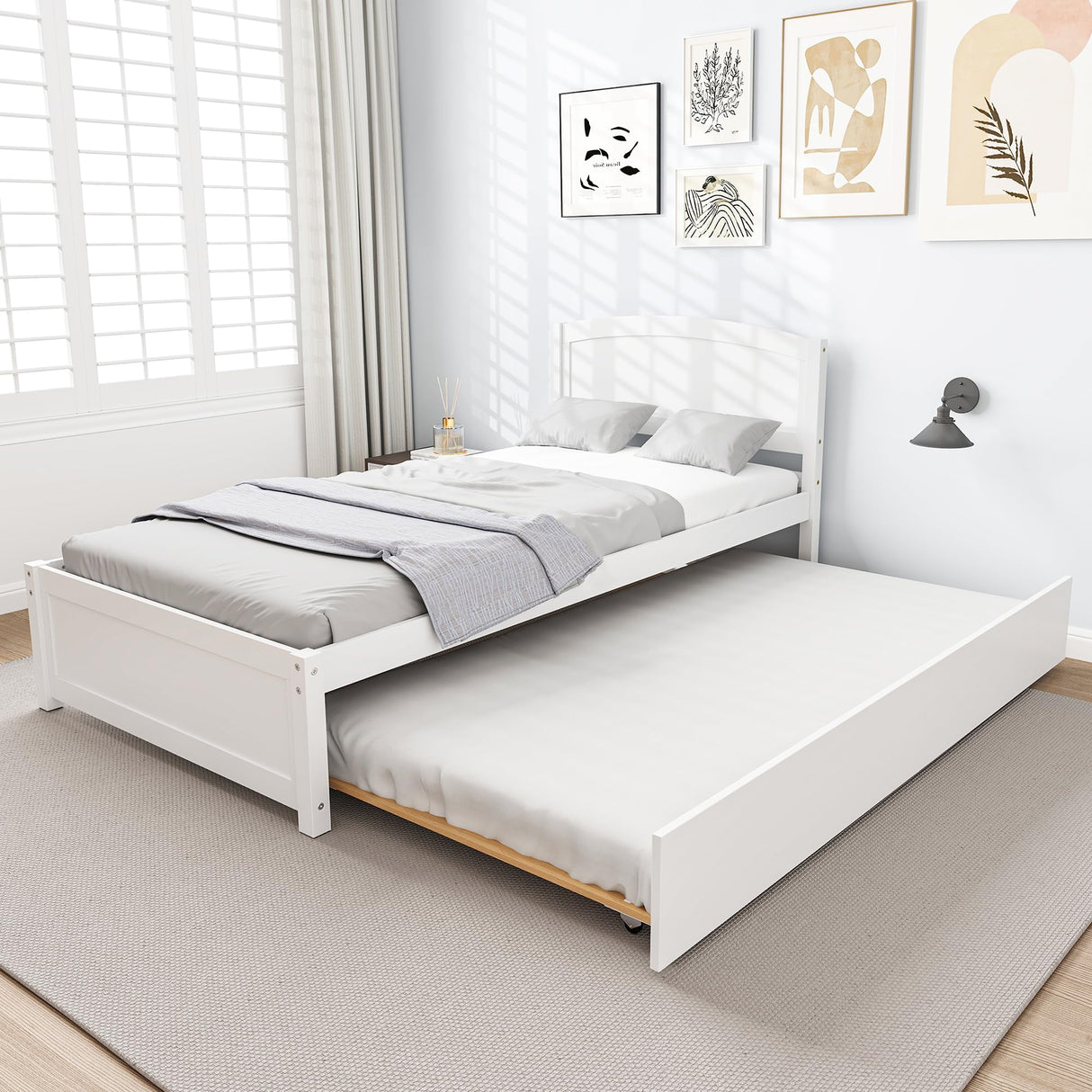 Callales Twin Trundle Bed, Solid Wooden Pull Out Bedframe, Extendable Day Bed with Headboard and Soild Wood Slats Support, Bedroom, Living Room, Guest Room, No Box Spring Needed (White) Callales