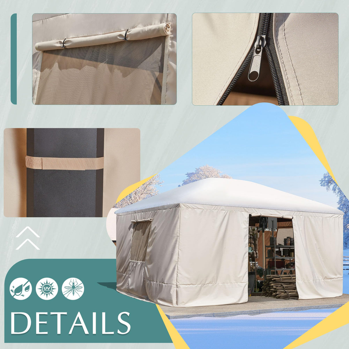 EROMMY Gazebo Cover for 12'x16' Gazebos,Outoor Waterproof Winter Gazebo Cover with Sidewalls and Mesh Windows,Convert Gazebo into a Storage Space,Beige(Gazebo not Included) EROMMY