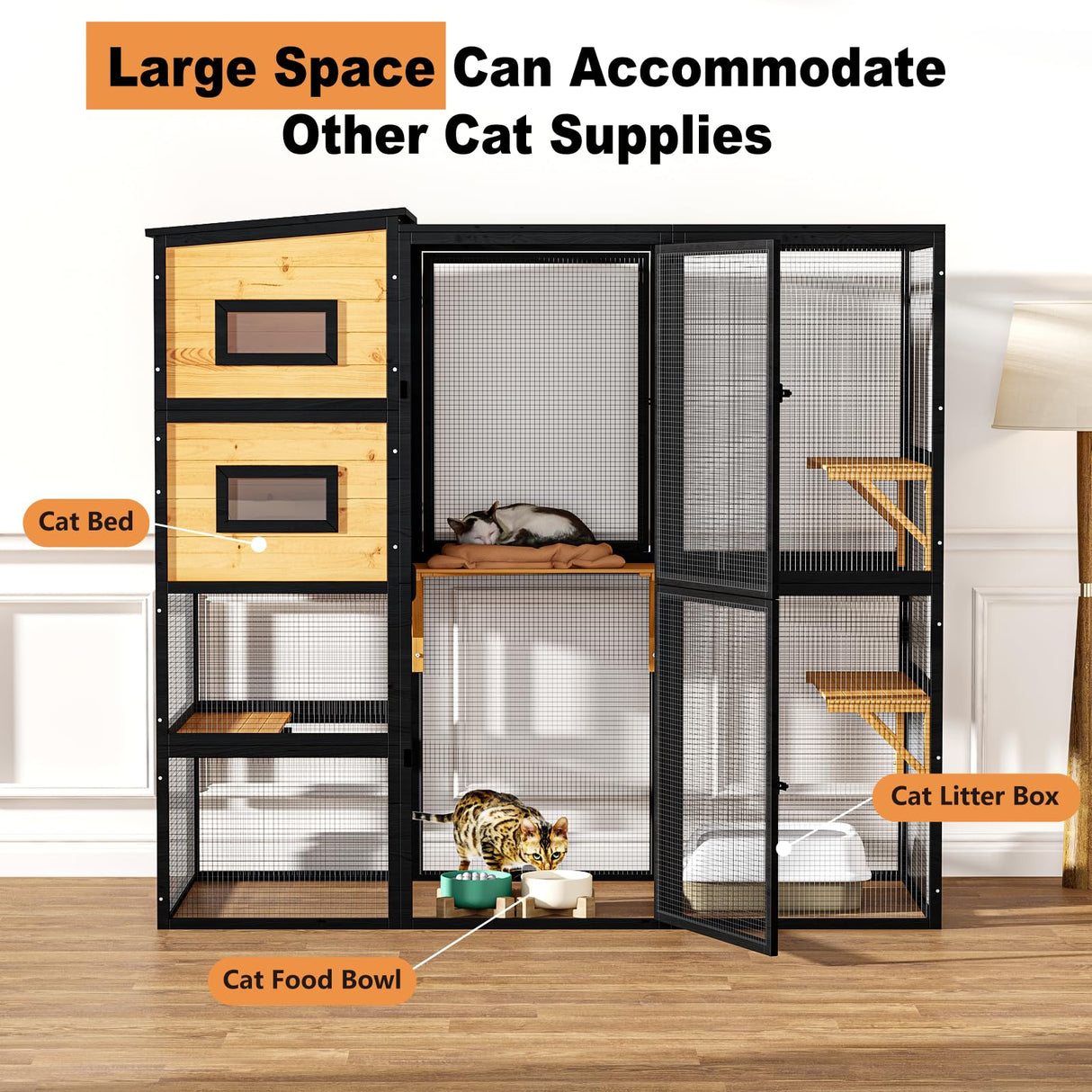 TIMHAKA Large Indoor Cat Catio, 4 Tier Outdoor Cat Enclosures House for Cats with Waterroof Roof, 3 Resting Rooms, 3 Platforms, Cats Catio Connect to Window with 2 Large Door, Feral Pet Shelter, Black TIMHAKA