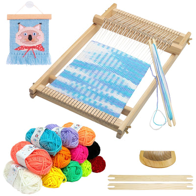 Sawvolker Weaving Loom Kit, Wooden Weaving Kit Multi-Craft Weaving Loom Tapestry Loom Large Frame 9.85x15.5 inch, DIY Hand-Knitting Looms Set with 12 Colors Acrylic Yarn for Kids, Adult and Beginners