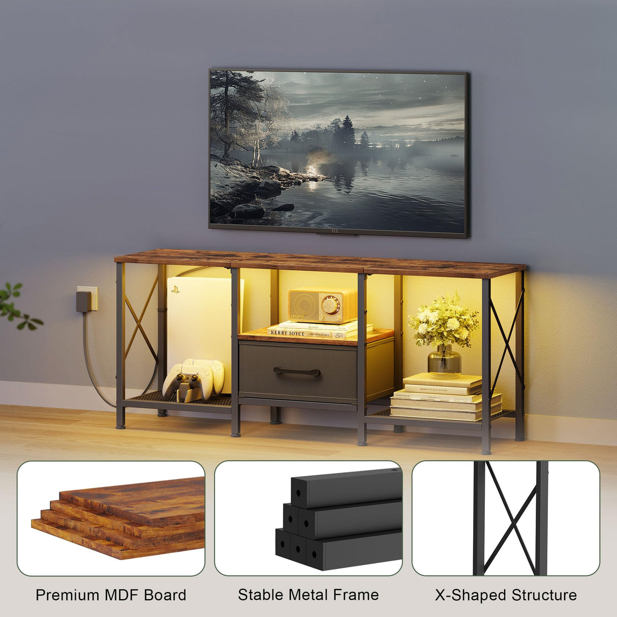 JARHETUN LED TV Stand with Fabric Drawer, Entertainment Center for 50 55 Inch TV, Industrial TV Console Table with Open Storage Shelves for Living Room, Bedroom, Rustic Brown JARHETUN