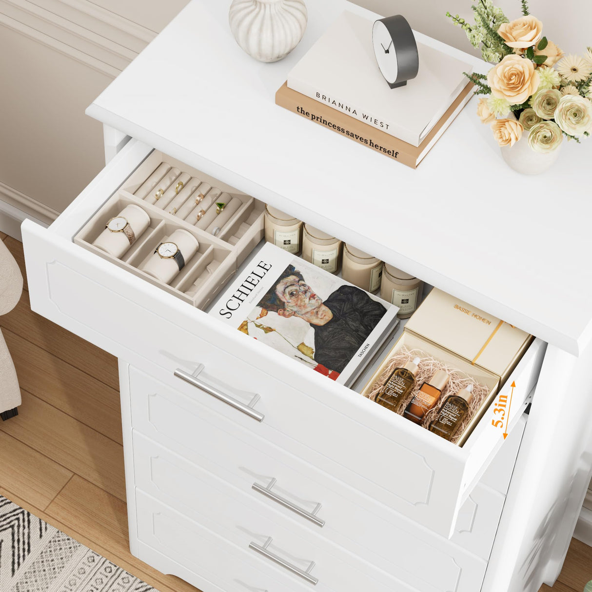 HITHOS Tall Dresser for Bedroom, White Dresser, Modern 6 Drawer Dresser for Closet, 31.5" Wide Wood Chest of Drawers, Vertical Dresser Chest Storage Cabinet for Living Room, Entryway, Hallway, White HITHOS