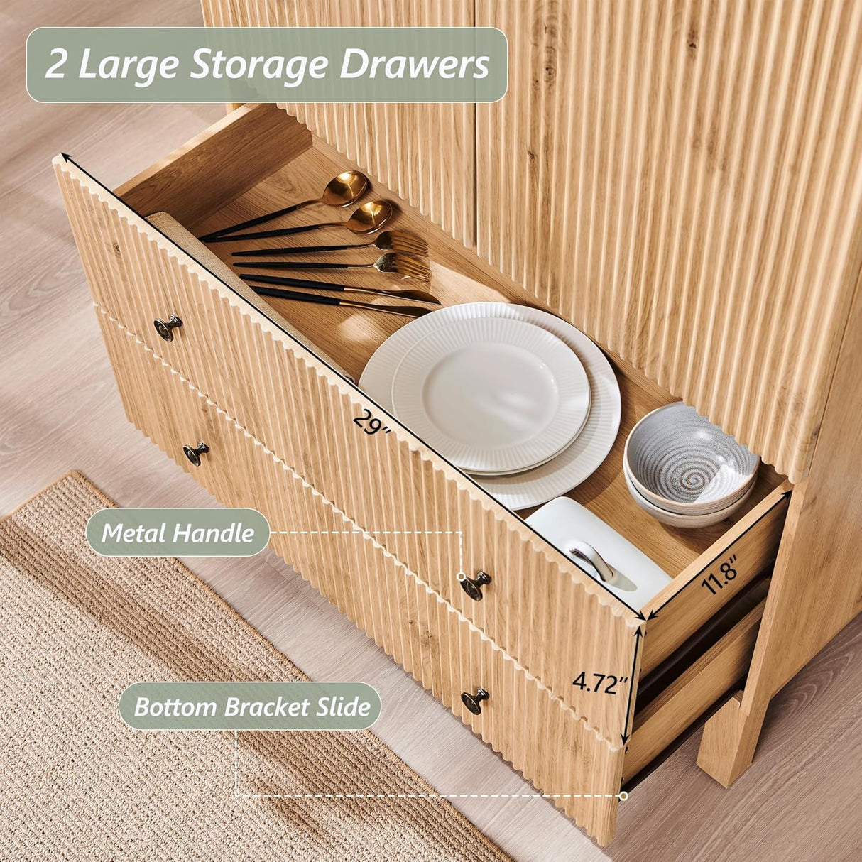 IFGET Fluted Arched Pantry Cabinet, 71" Tall Kitchen Storage Pantry Cabinet with Adjustable Shelves and 2 Large Drawers, Freestanding Morden Versatile Cupboard for Living Room, Bathroom, Natrual IFGET