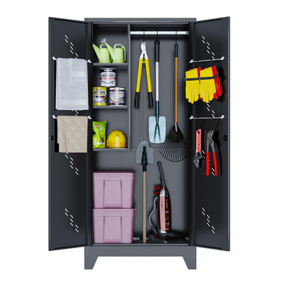 YILFANA Metal Storage Cabinet with Lockable Doors, 75" Steel Storage Locker Tool Cabinet with Hanging Rod & S-Hooks, Tall Garage Cabinets, Black, 75" H x 33.85" W x 16.53" D