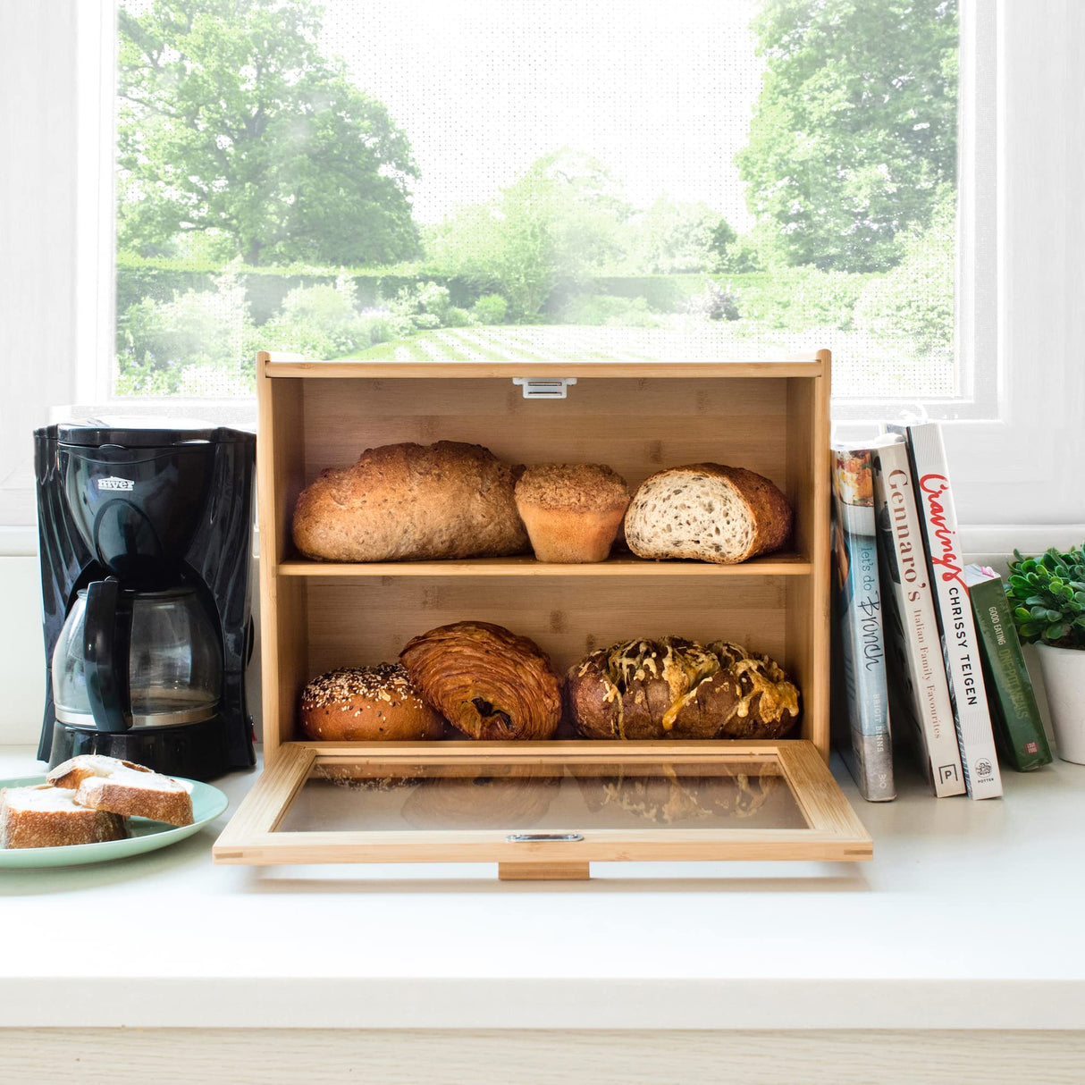 Laura's Green Kitchen Bread Box - Bamboo Bread Box For Kitchen Countertop | Bread Storage For Homemade Bread, Double Layer Bread Box For Kitchen Counter, Farmhouse Bread Container, Wood Breadbox Laura's Green Kitchen