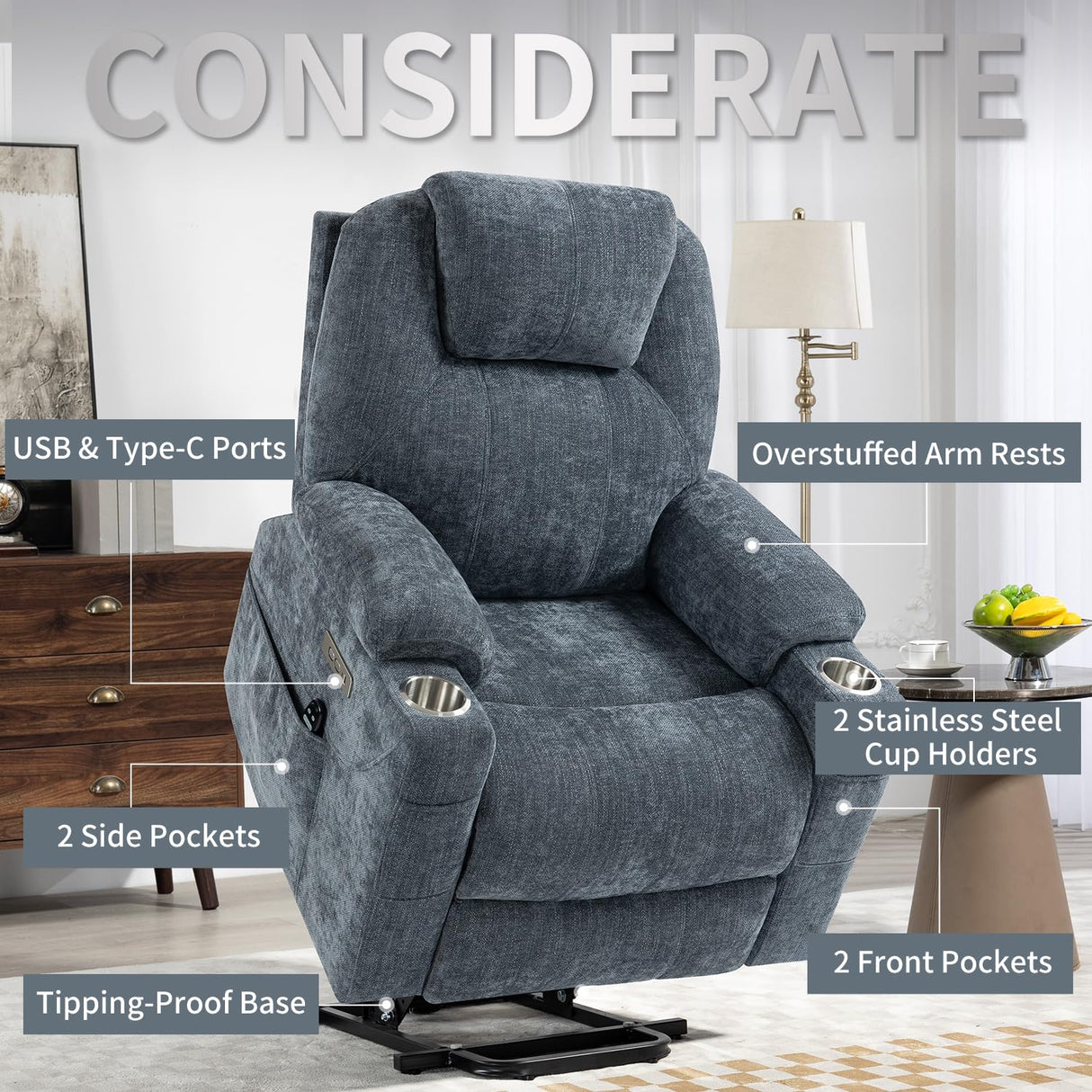 Trustyue Upgraded Power Lift Recliner Chair with Massage & Heat, Premium Motor, Max 155° Reclining, Standing Assistance for Elderly, USB Ports, Stainless Steel Cup Holders, Chenille Blue Trustyue