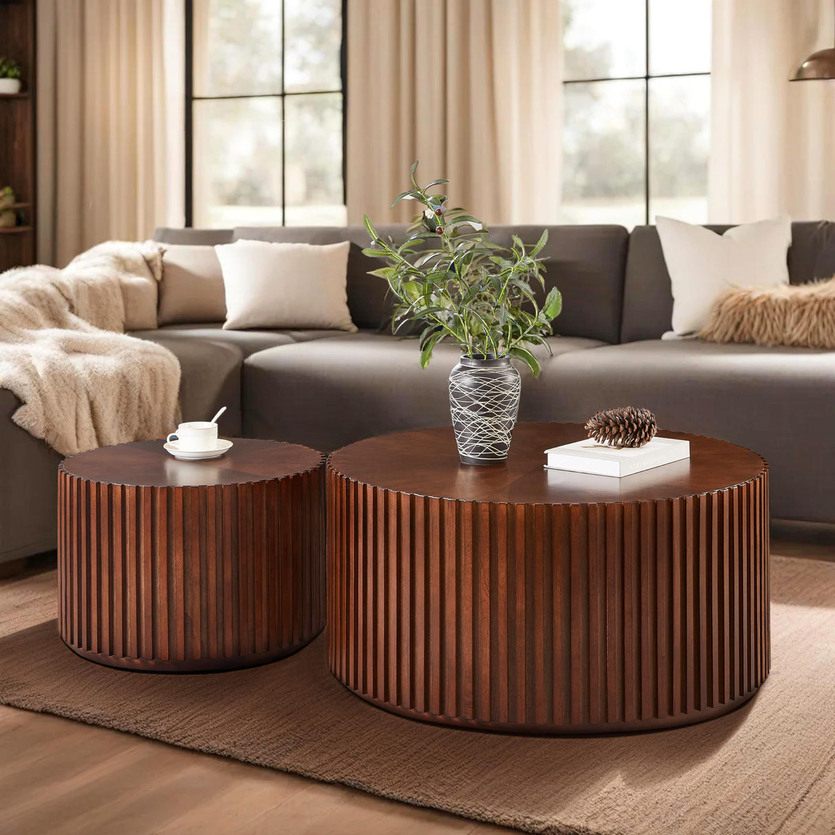 DS-HOMEPORT Nesting Round Wood Coffee Table Set of 2, Handcraft Drum Side Table End Table for Living Room, Modern Circle Wooden End Table Set for Small Space, No Need Assembly(Espresso,31x31x16 in) DS-HOMEPORT