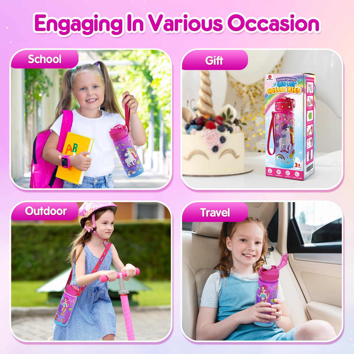 Mocoosy Decorate Your Own Water Bottle Kit for Girls, Art Crafts for Kids Ages 4-6-8-12, Unicorn & Mermaid Diamond Art Painting Toys Summer Craft Activity Birthday Gift Ideas for Girls 5-10 Years Old Mocoosy