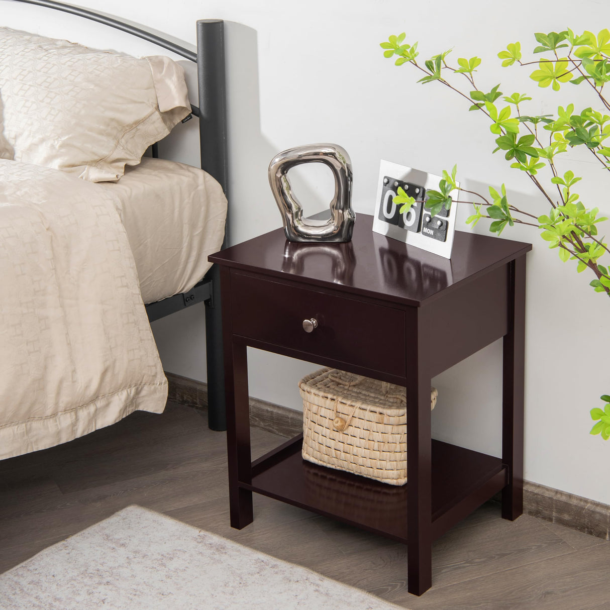 Giantex Nightstand, Wood End Table with Drawer and Open Shelf, Night Stand for Small Spaces, 2-Tier Bedside Table for Living Room Bedroom Dorm, Easy Assembly, Brown Giantex