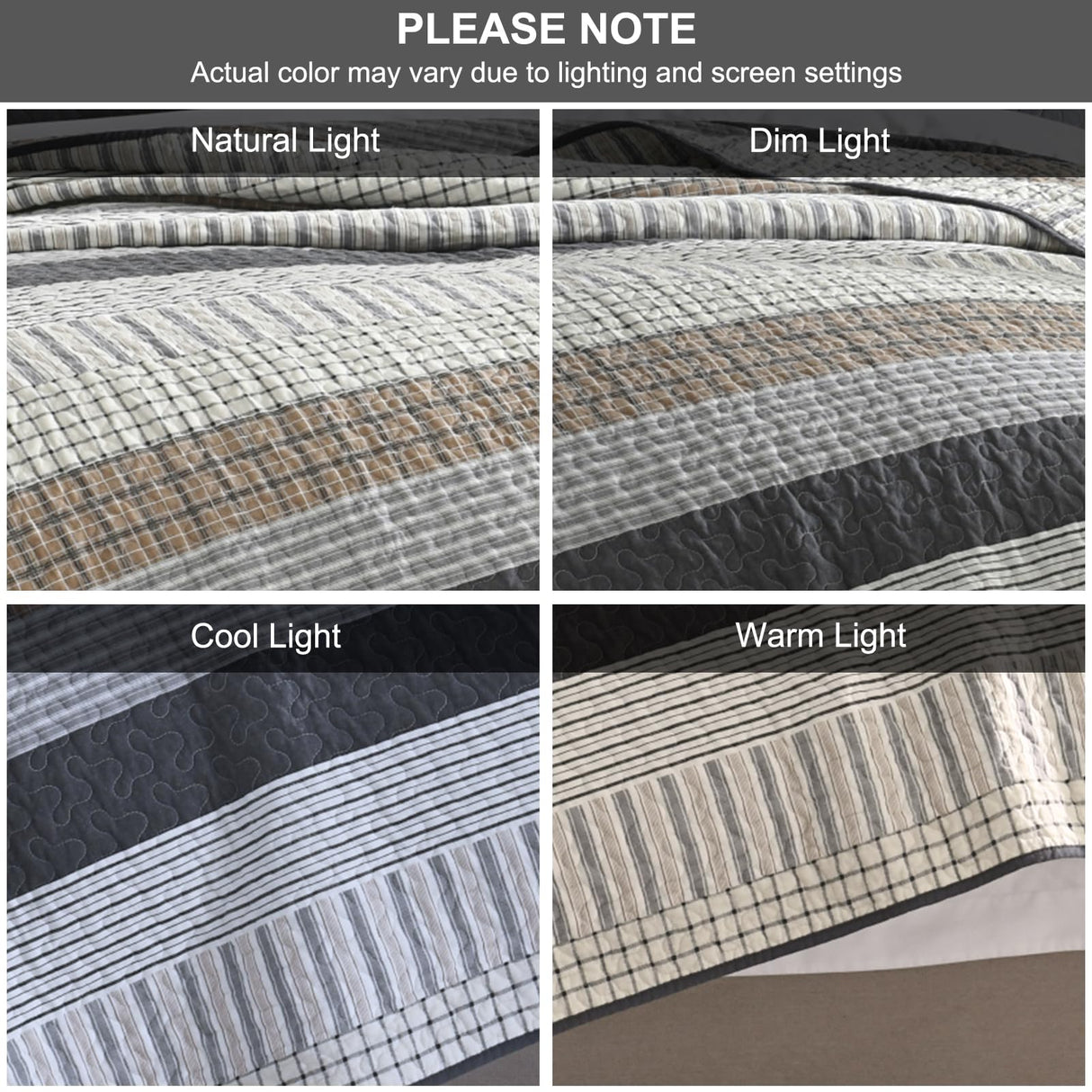 PANGUSHAN 100% Cotton Quilt Set King Size, Patchwork King Quilt Bedding Set Bedspreads, Farmhouse Lightweight Comforter Reversible Quilt, White/Brown/Grey Bed Spread for All Season, 3 Pieces PANGUSHAN