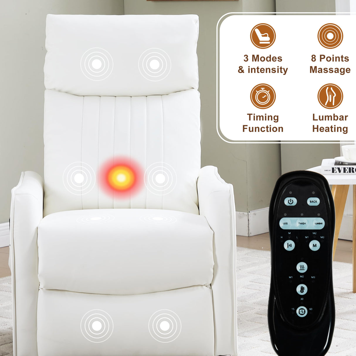 Manual Swivel Rocker Recliner Chair for Adults, Overstuffed Glider Chair for Nursery with Massage and Heat, Living Room Reclining Chair, Faux Leather White Luxlen