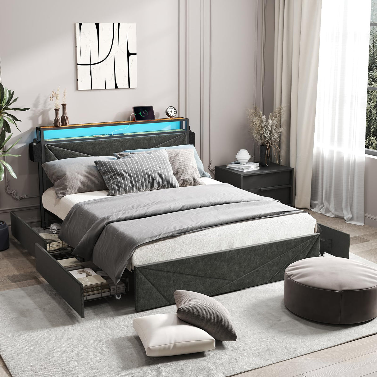 Kiivakii Full Size Bed Frame with 4 Drawers, LED Metal Platform Bed with Upholstered Storage Headboard, Built in Charging Station, No Box Spring Needed, Dark Gray Kiivakii
