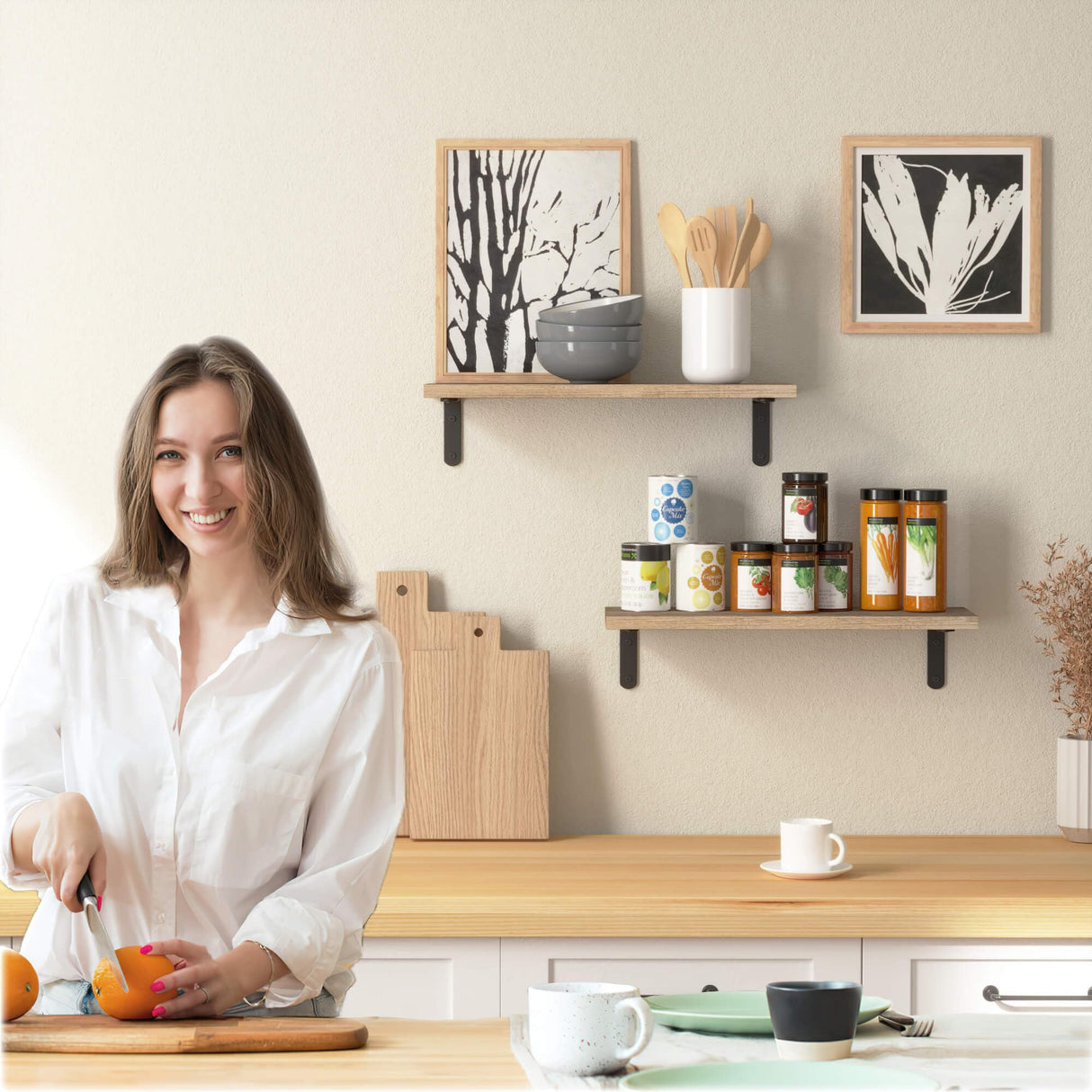 RICHER HOUSE Rustic Wood Shelves Set of 2, Farmhouse Style Floating Shelf for Wall Décor, Hanging Shelves for Bathroom, Bedroom, Storage, Kitchen, Living Room - Carbonized Black RICHER HOUSE