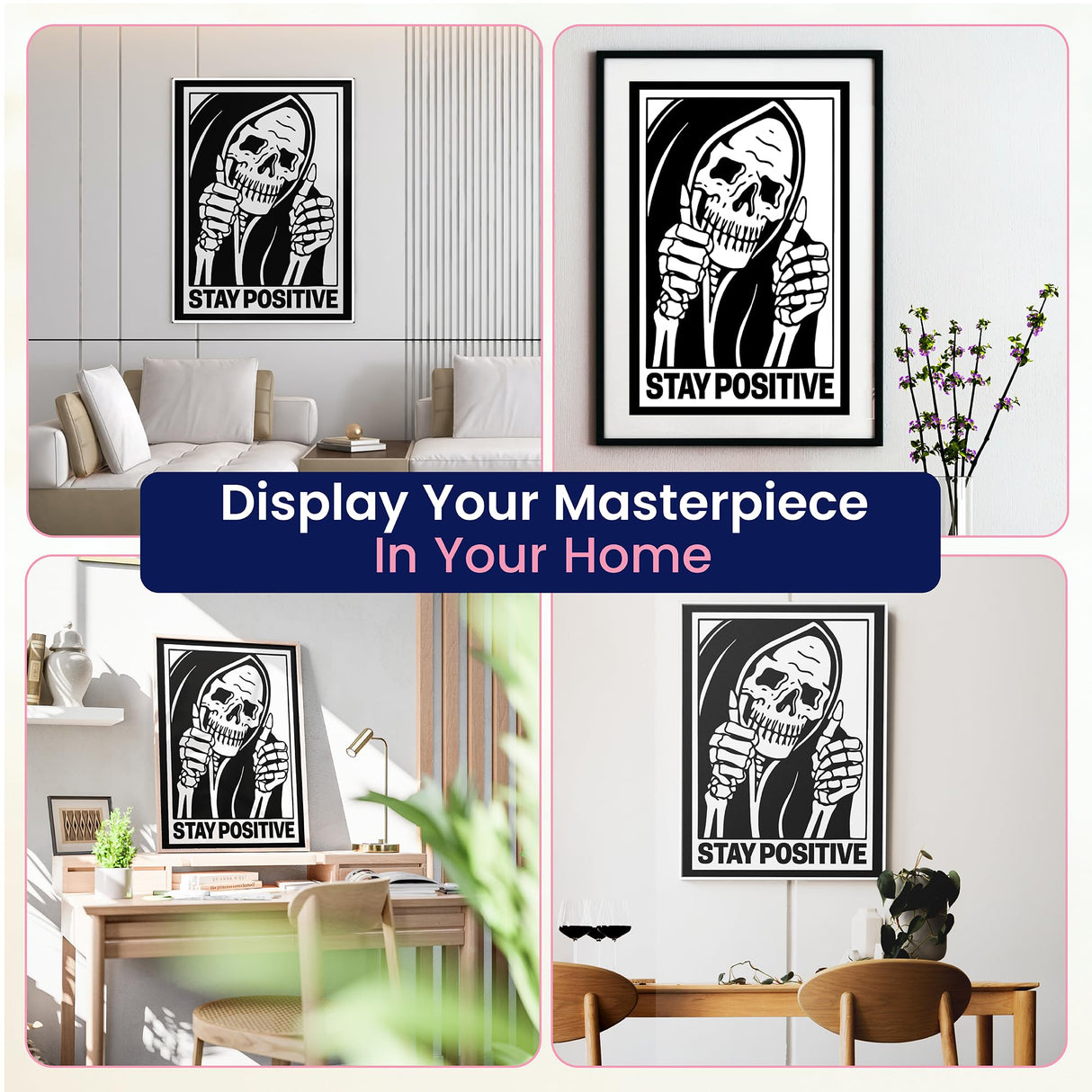Modern Merch 'Stay Positive' Halloween Diamond Art Kits for Adults Scary Skeleton Diamond Painting Kits for Adults, Motivational Quote Cross Stitch Gem Art, Round Drill 12x16 DIY Black and White Art Modern Merch