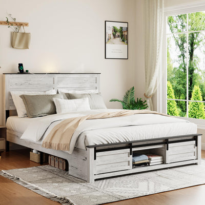 SAMTRA Wooden Queen Size Bed Frame with Headboard, Boho White Farmhouse Storage Bedframe with Sliding Barn Door Footboard and Charging Station, Wood Slats, No Box Spring Needed