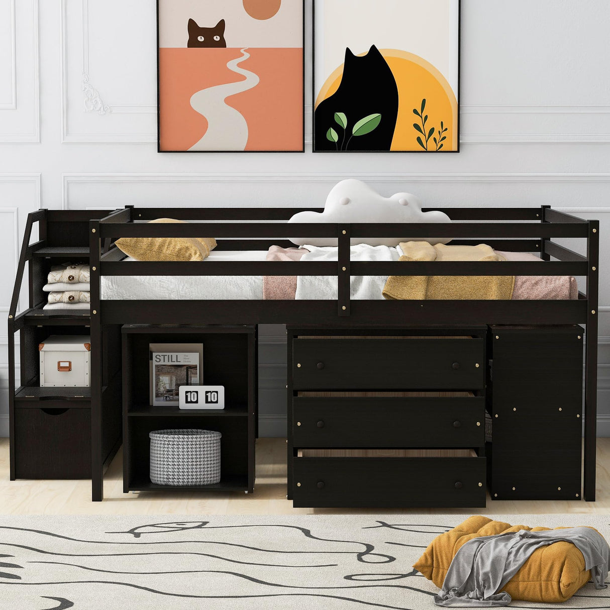 Full Size Low Loft Bed with Stairs and Rolling Desk, Wood Kids Full Loft Bed with Storage Drawers and Shelves, Low Full Storage Bed with Cabinet for Kids, Juniors, Teens (Espresso) Harper & Bright Designs