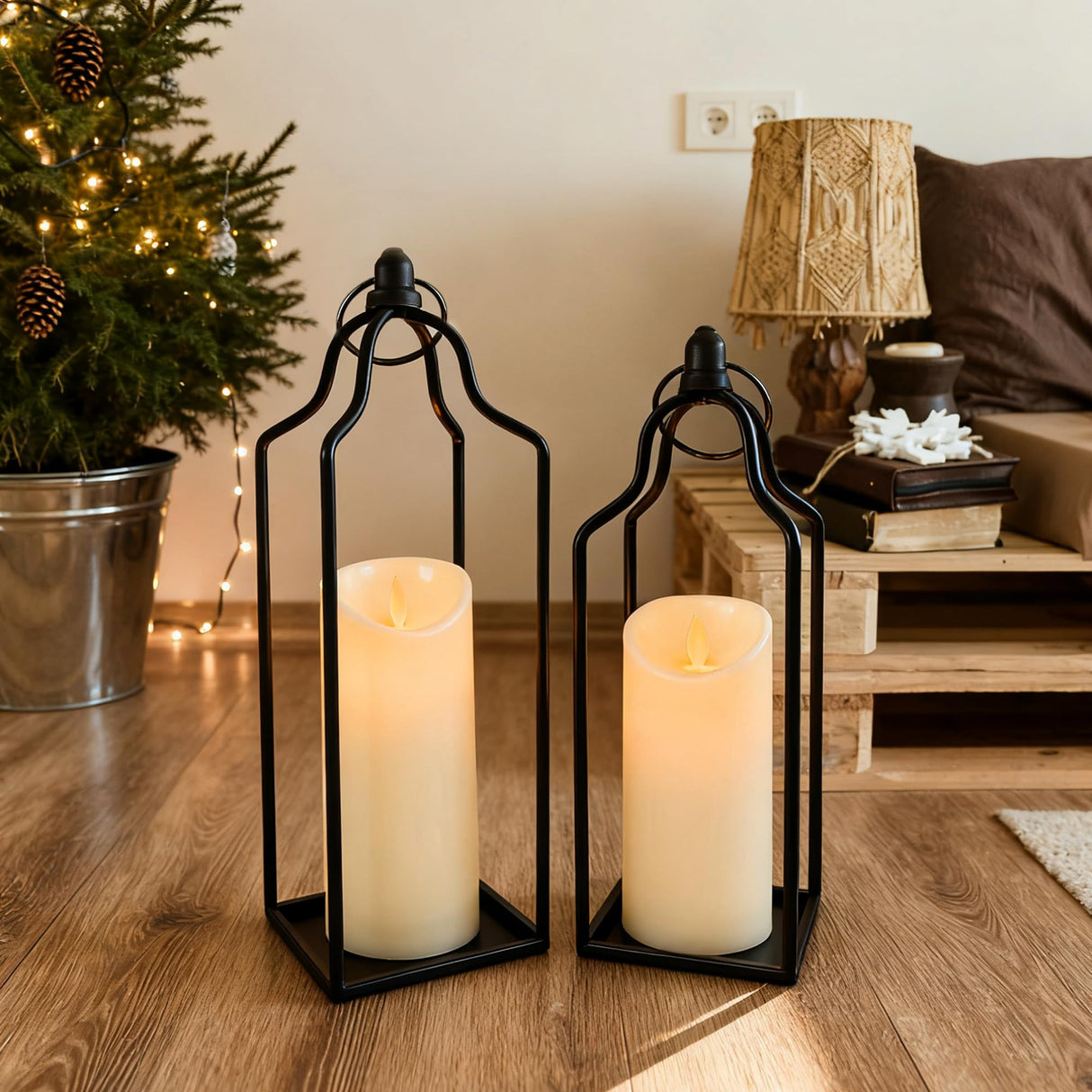 Rustic Farmhouse Decor Metal Lantern Set of 2 Decorative Lanterns for Home Indoor Outdoor Living Room, Fireplace, Patio, Wedding & Kitchen Table Centerpieces Gelazurem