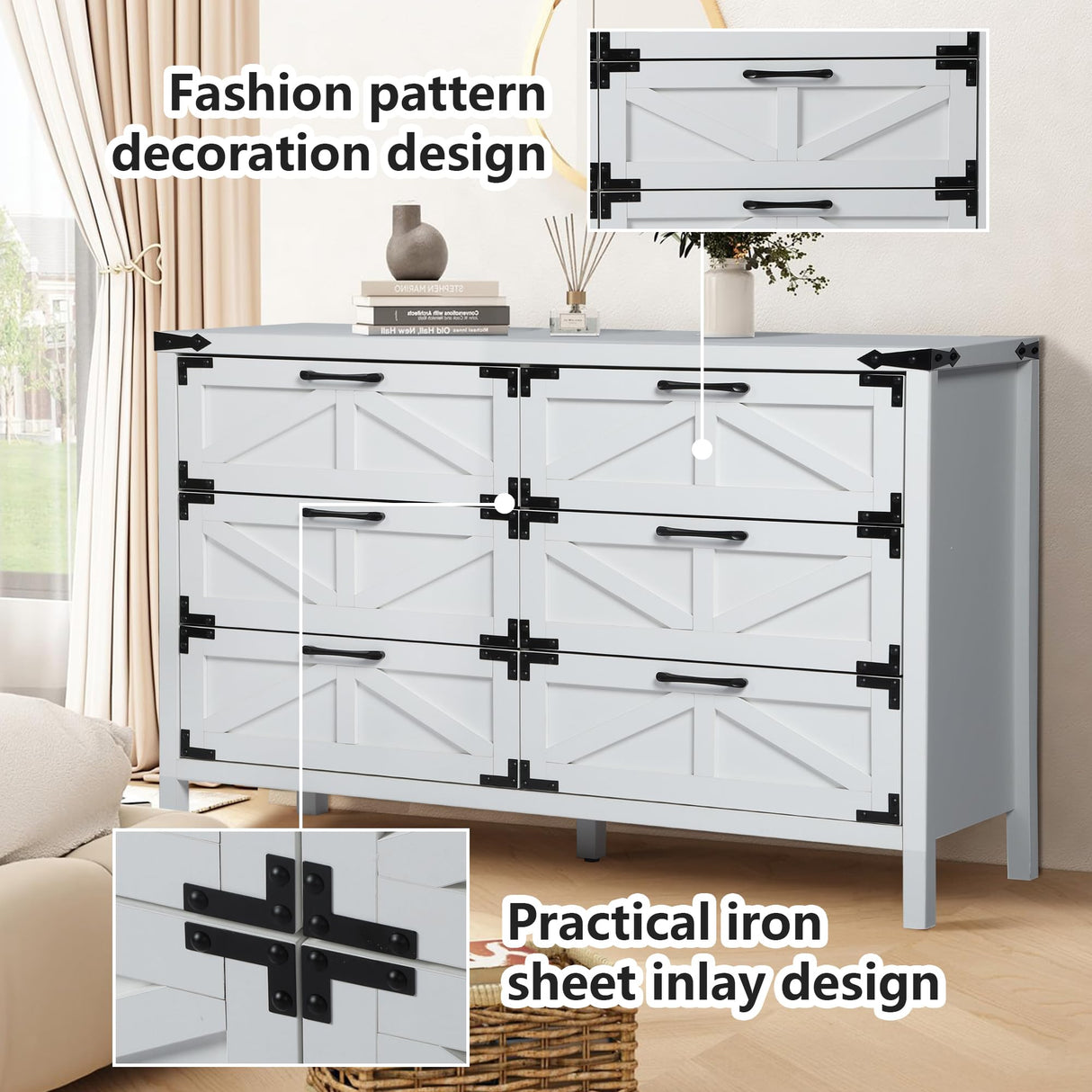 QHITTY 6 Drawers Dresser for Bedroom, Farmhouse Barn Chest of Drawers, Modern Storage Organizer Dresser for Bedroom, Hallway, Living Room QHITTY