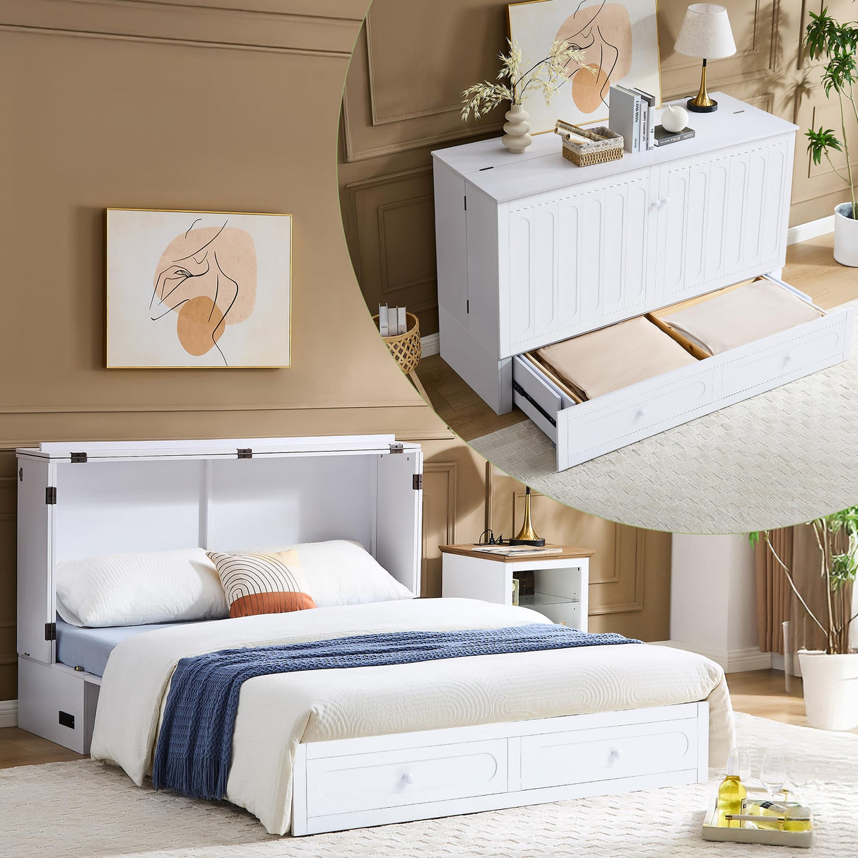 Homnso Murphy Bed Queen,Pine Wood Murphy Bed Cabinet Queen Size withTri-Folding Mattress,Storage Drawer & USB Charging Station for Living Room Apartment (White 3#) Homnso