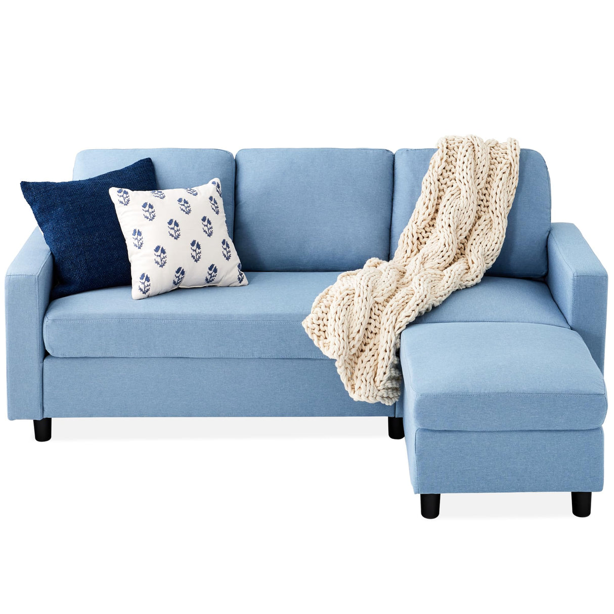 Best Choice Products Upholstered Sectional Sofa for Home, Apartment, Dorm, Bonus Room, Compact Spaces w/Chaise Lounge, 3-Seat, L-Shape Design, Reversible Ottoman Bench, 680lb Capacity - Light Blue Best Choice Products