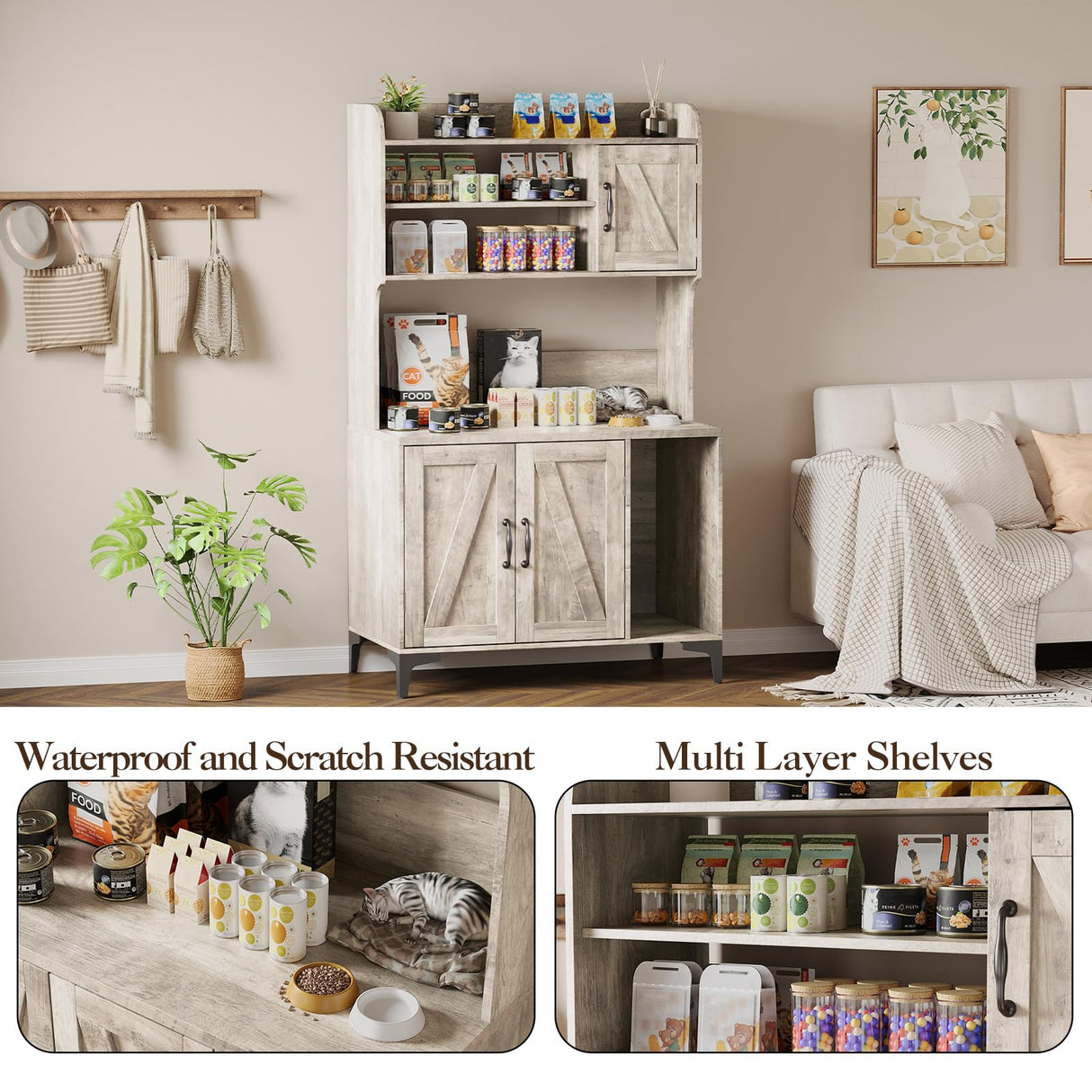 Cat Litter Box Enclosure Furniture with 4 Tier Storage Shelves, Hidden Litter Cabinet with Scratch Pad, Socket, Wooden Enclosed Cat Washroom House for End Table, Entryway Bench, Livingroom, Hallway Doppeltcharms