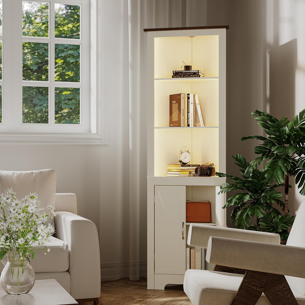 ChooChoo Farmhouse Corner Storage Cabinet with LED Lights, 5-Tier Corner Bookshelf Stand with Barn Doors, 66.9" Gothic Corner Display Cabinet with Adjustable Shelf for Living Room, Farmhouse White ChooChoo