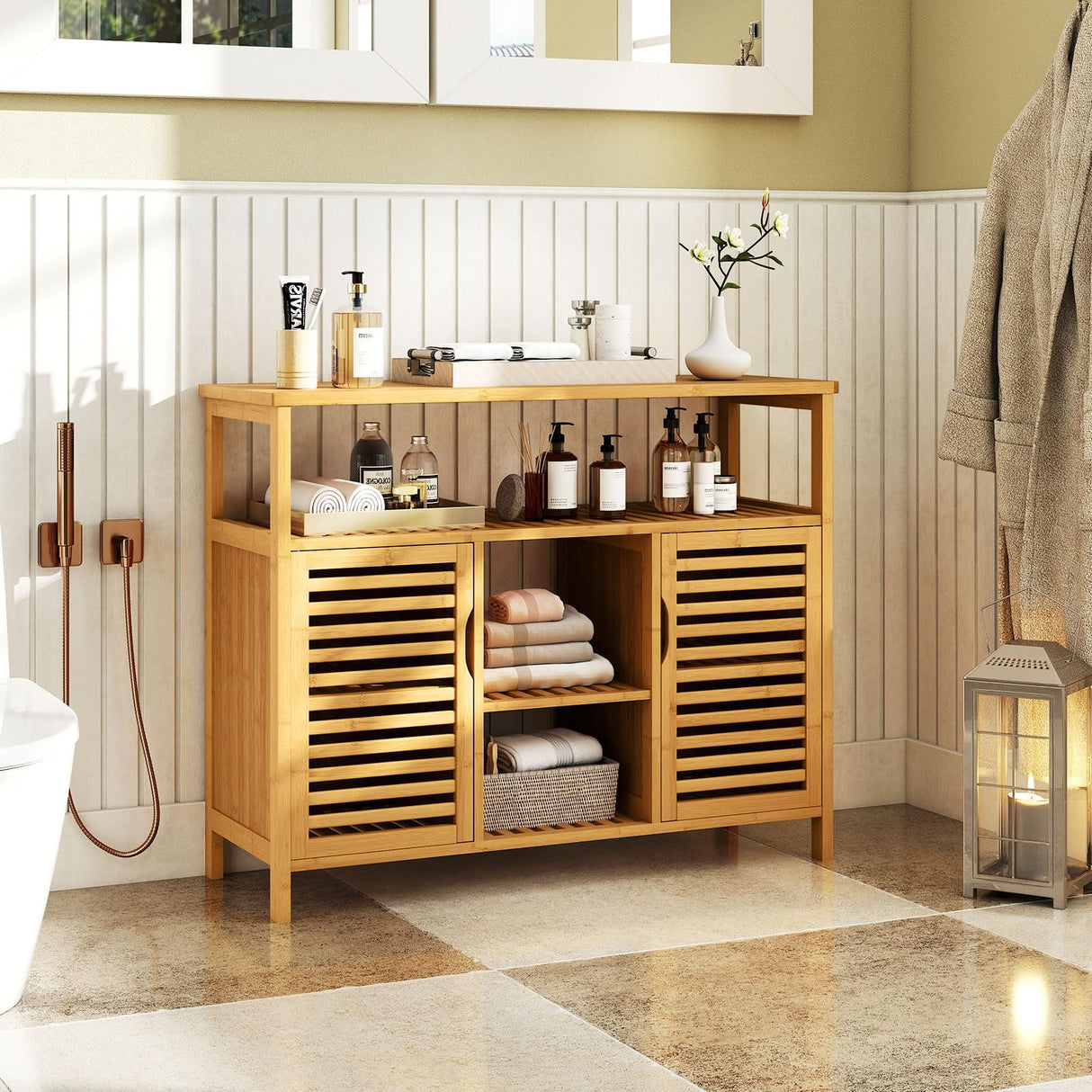 Giantex Bamboo Bathroom Storage Cabinet, 2-Door Storage Organizer with Shelves, Freestanding Floor Cabinet, Slatted Bamboo Home Furniture for Living Room Entryway Kitchen Dining Room, Natural Giantex