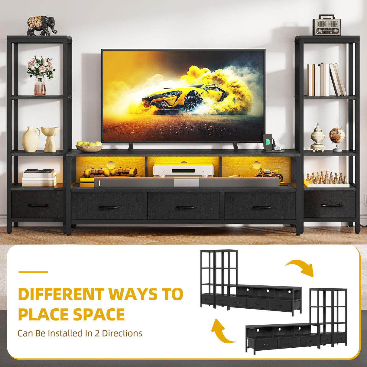 DWVO Entertainment Center with Bookshelves, LED TV Stand for 65/60 inch TV, Black TV Stand for Living Room with 2 Modern 4-Tier Bookshelves & Power Outlets, Black DWVO