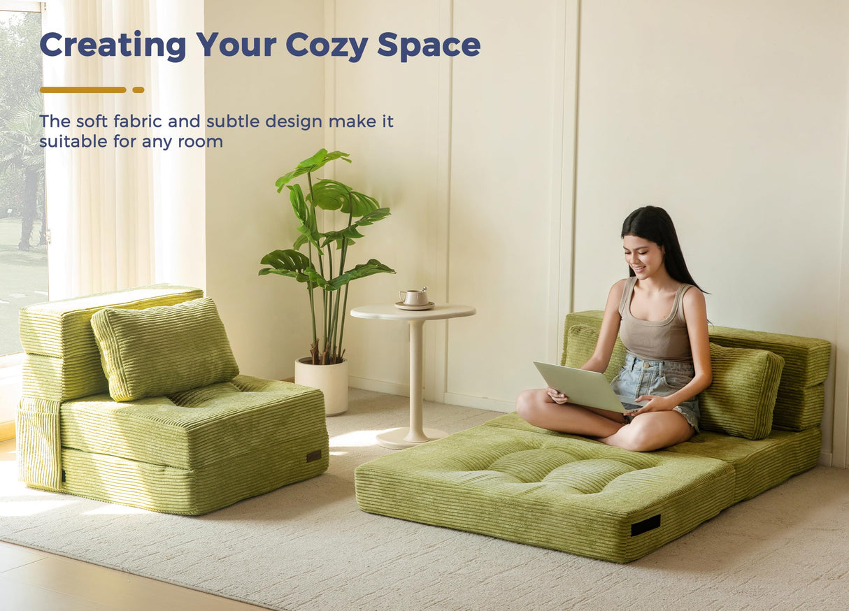 MAXYOYO Convertible Sofa Bed, Fold Out Loveseat Sleeper Sofa with Pillow, 4 in 1 Tufted Folding Couch Bed Foam Floor Couch, Lazy Chair for Living Room Bedroom Guest Room, Green MAXYOYO