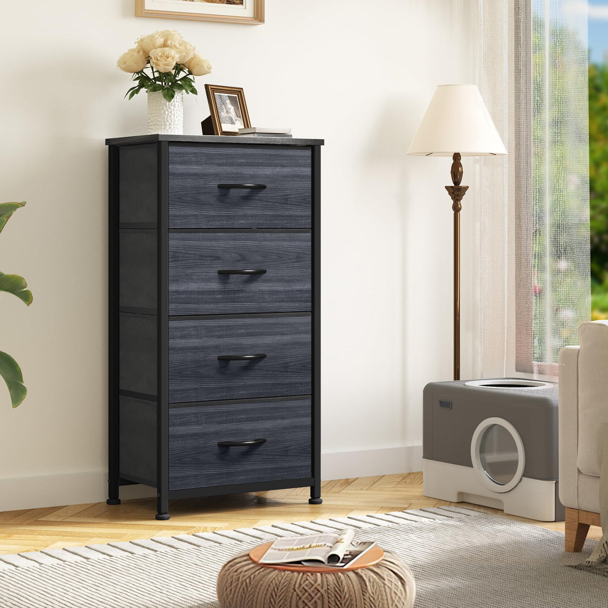 DWVO 4 Drawers Dresser, Dresser for Bedroom, Fabric Storage Tower, Chest of Drawers, Organizer Unit for Closets, Living Room, Sturdy Steel Frame, Wooden Top, Easy Pull Fabric Bins DWVO