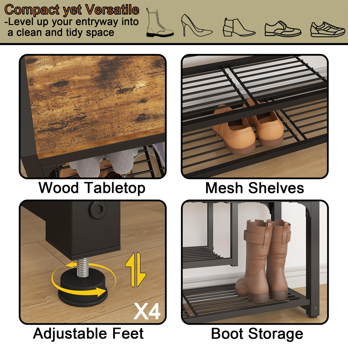 HOMEFORT Shoe Bench,3 Tiers Shoe Rack Bench,31.5" Shoe Storage Bench for Entryway, Retro Industrial Entry Bench with Mesh Shelves and Boot Storage,for Front Door Entrance, Rustic Brown HOMEFORT