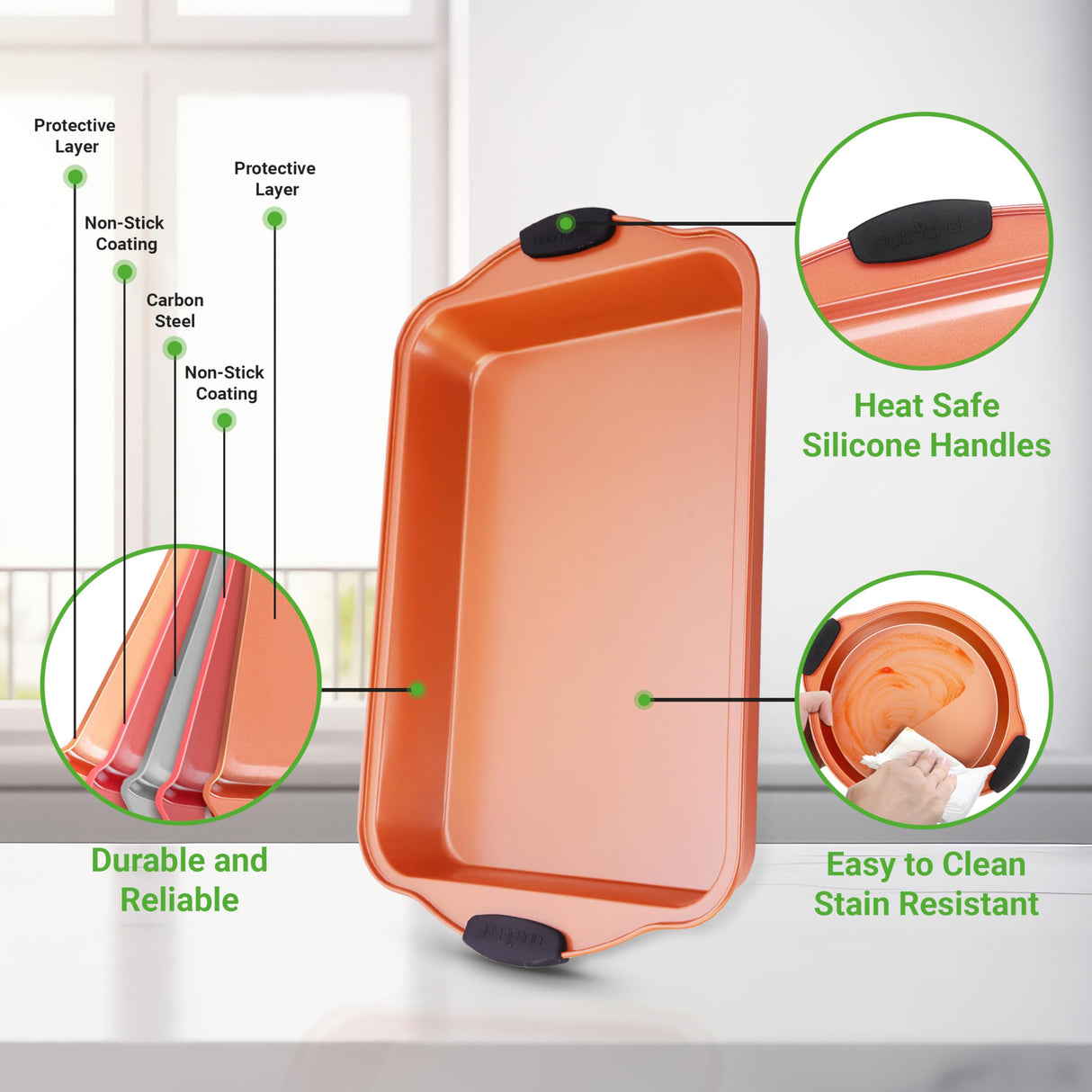 NutriChef 8 Piece Baking Pans Set - Nonstick Carbon Steel Bakeware Set w/ Silicone Heat-Safe Handles - Includes Loaf Pan, Muffin Pan, Cookie Sheets, Pizza Crisper, Roasting Pans - Copper NutriChef