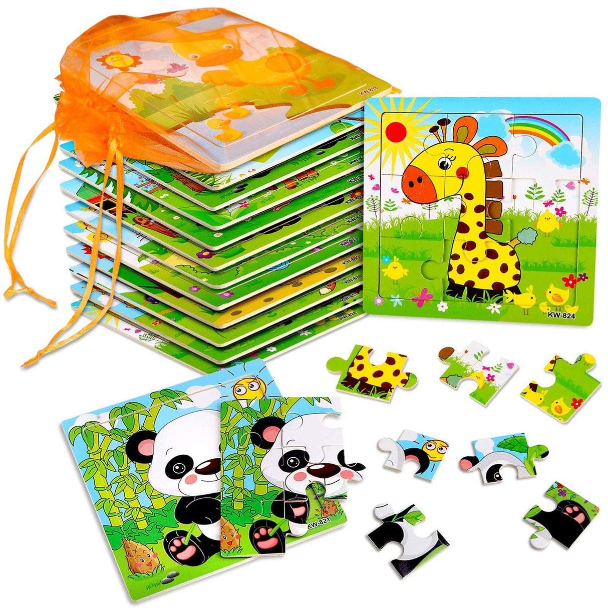 SANNIX 12 Pack Jigsaw Puzzles for Toddlers Wooden Animals Jigsaw Puzzles 9 pcs with 12 Organize Bags for Kids Ages 2 3 4 5 Preschool Educational Puzzles Learning Travel Toys for Boys and Girls SANNIX