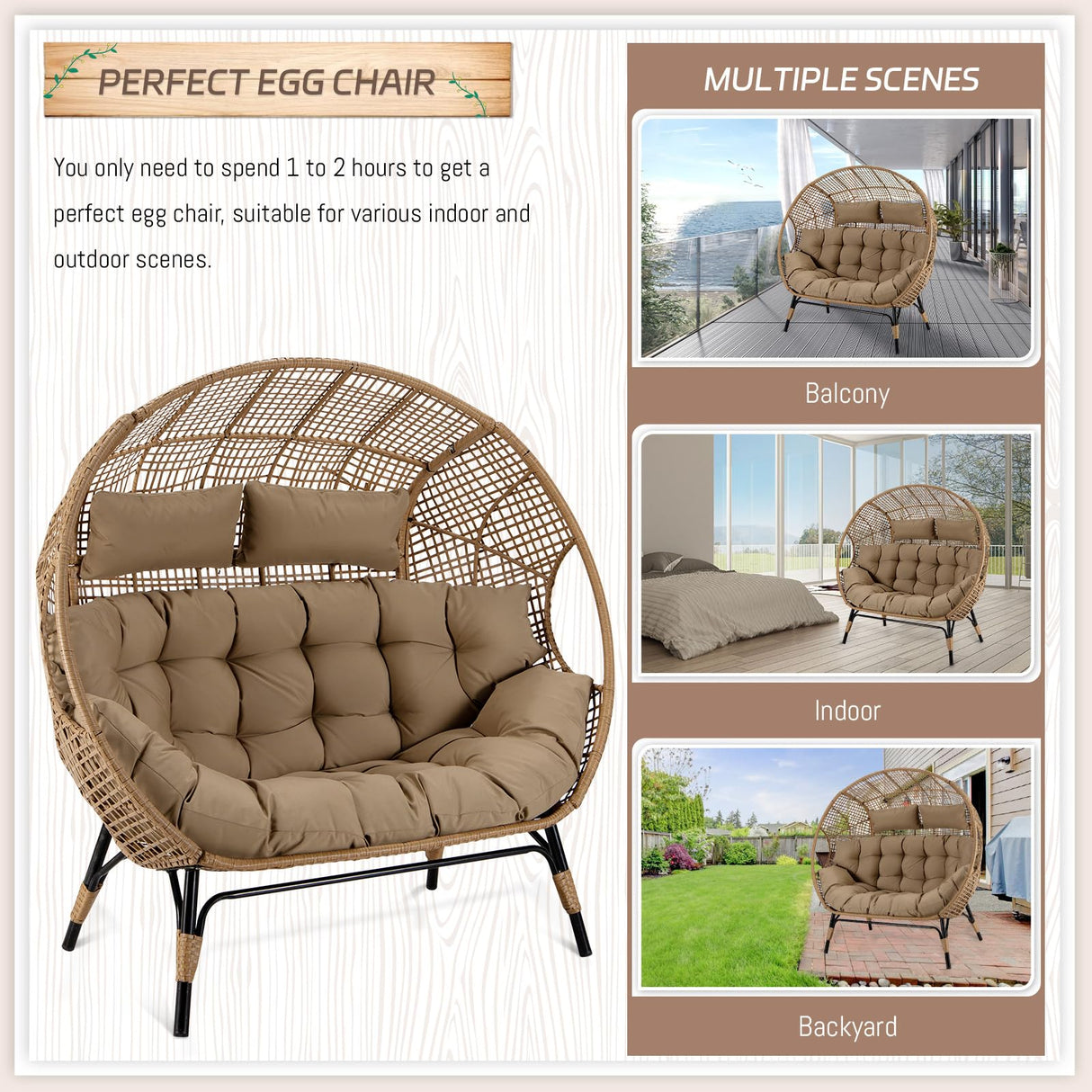 BULEXYARD Double Egg Chair Indoor Outdoor 680lbs, 2 Person Brown Wicker Oversized Stationary Egg Chair with Brown Thick Cushion, Patio Wide Lounge Loveseat with Legs for Balcony, Porch BULEXYARD