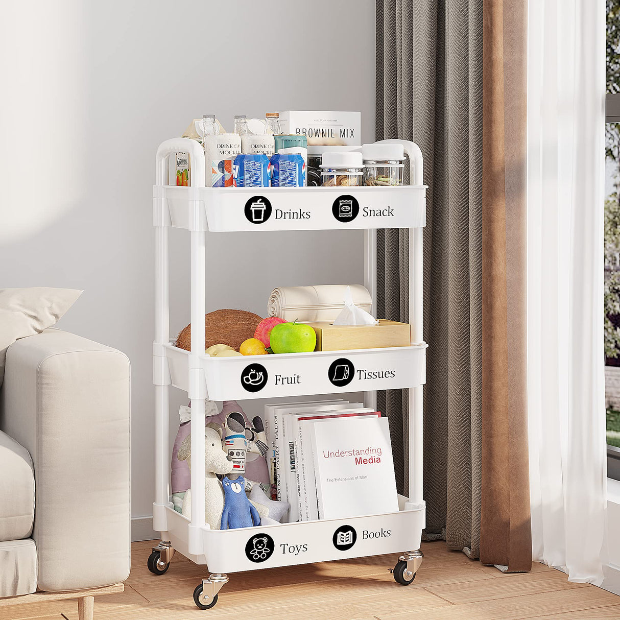 UDEAR 3-Tier Rolling Utility Cart with 12 Category Labels,Multifunctional Storage Shelves with Handle and Lockable Wheels for Room,Office,Kitchen,Bathroom,White UDEAR