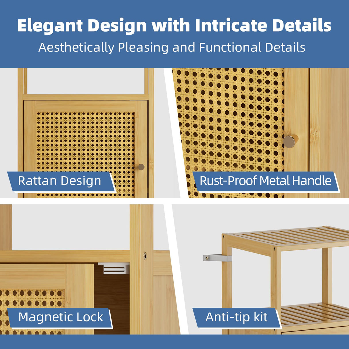 HITNET Rattan Bathroom Storage Cabinet, Small Bamboo Floor Cupboard with Door, Freestanding Narrow Side Organizer for Living Room, Kitchen, Entryway, Natural HITNET