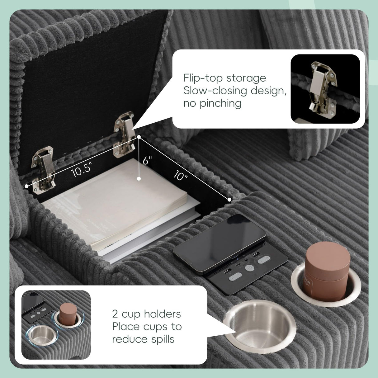 Merax 114 * 64" Corduroy Sectional Couches with Bluetooth Speakers, Storage, Ottoman & Pillows, Upholstered Modular Sofa Chaise with Console, USB Charger, Cup Holders for Living Room Apartment, Grey Merax