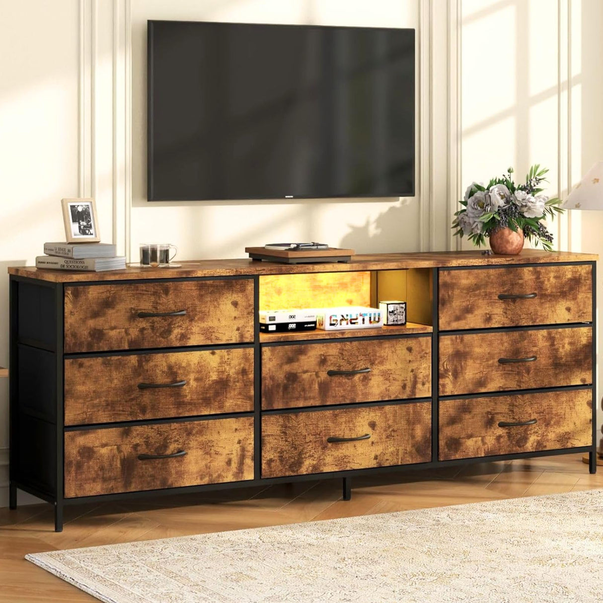 Loomie 63 Inch Dresser for Bedroom, Wide Long Fabric Dresser with LED Lights & 8 Drawers, Large TV Stand for 55, 65, 70 Inch TV, Entertainment Center with Storage (Rustic Brown) Loomie