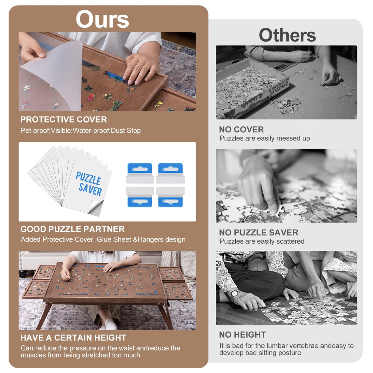 TEAKMAMA 1500 Piece Wooden Jigsaw Puzzle Board with 4 Drawers, Folding Puzzle Table with Protective Cover, Puzzle Board with Legs, Multifunctional Puzzle Board for Adults, 34W x 26.3D, Chocolate Brown TEAKMAMA