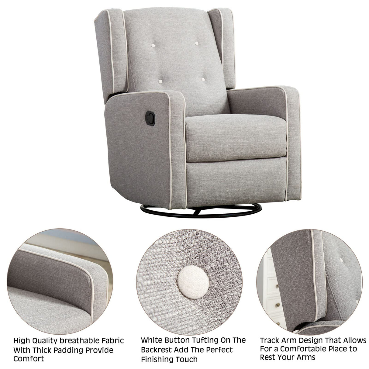 CANMOV Swivel Rocker Recliner Chair, Rocking Chair Nursery Glider Recliner, Manual Glider Chair for Nursery (Gray) CANMOV