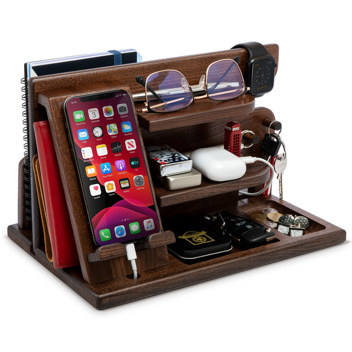 TESLYAR Wood Phone Docking Station for Men - Desktop or Nightstand Organizer - Birthday gifts for Men or Dad - Anniversary Idea from Wife - Key Holders, for Wallet, Watch & Essentials (Chestnut Brown) TESLYAR