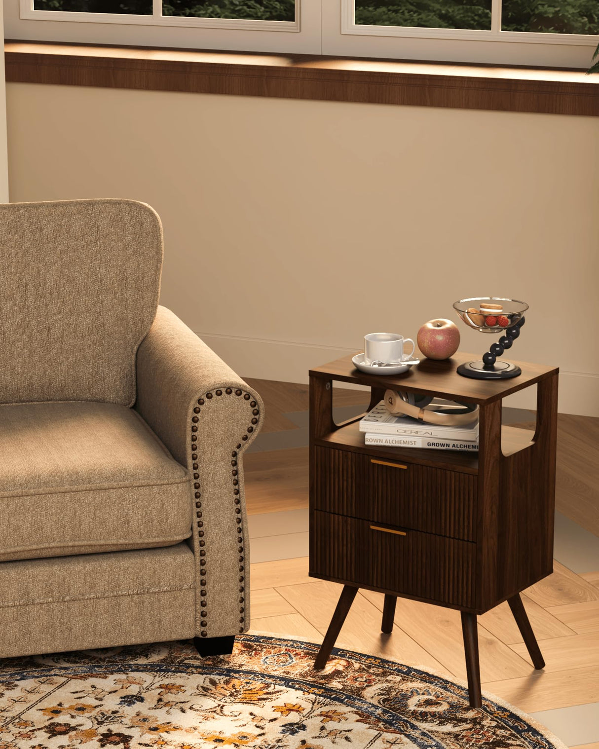 Leomonio Nightstand,Modern Bedside Table with 2 Storage Drawer and Open Wood Shelf, for Bedroom and Small Spaces,Night Stand with Solid Wood Legs,Walnut Brown Leomonio