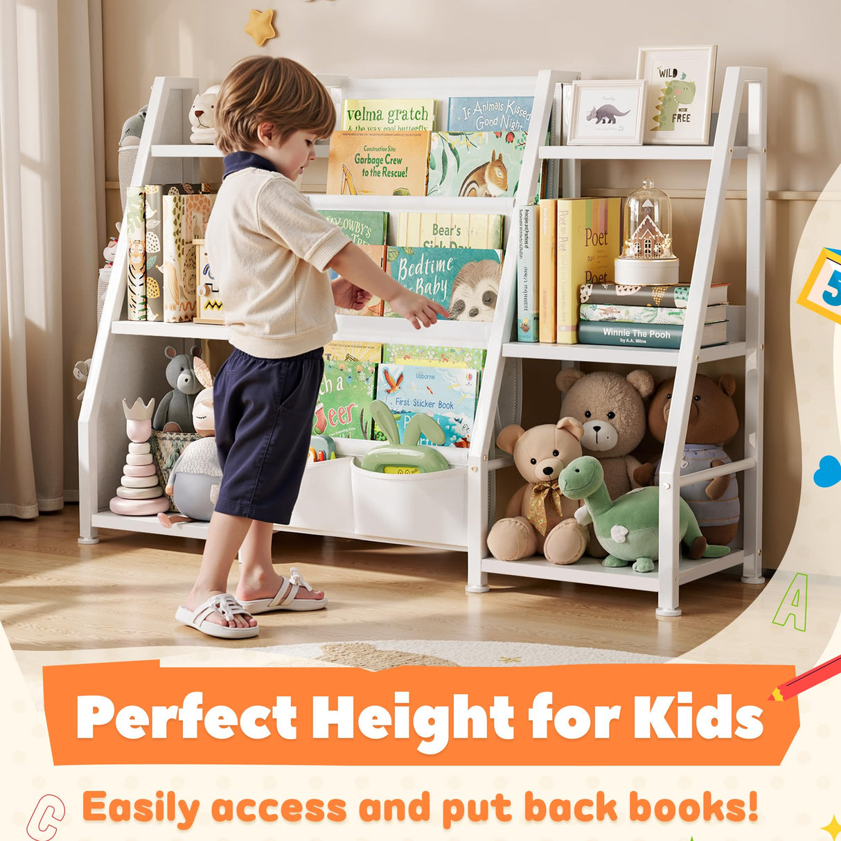 GoTiling Kids Bookshelf Large Storage Bookcase: 3-Tier White Book Sling Shelf Toy Organizer for Toddler - Display Rack with 3 Pockets for Kids Rooms, Bedroom, Playroom, Nursery (Wood + Metal) GoTiling